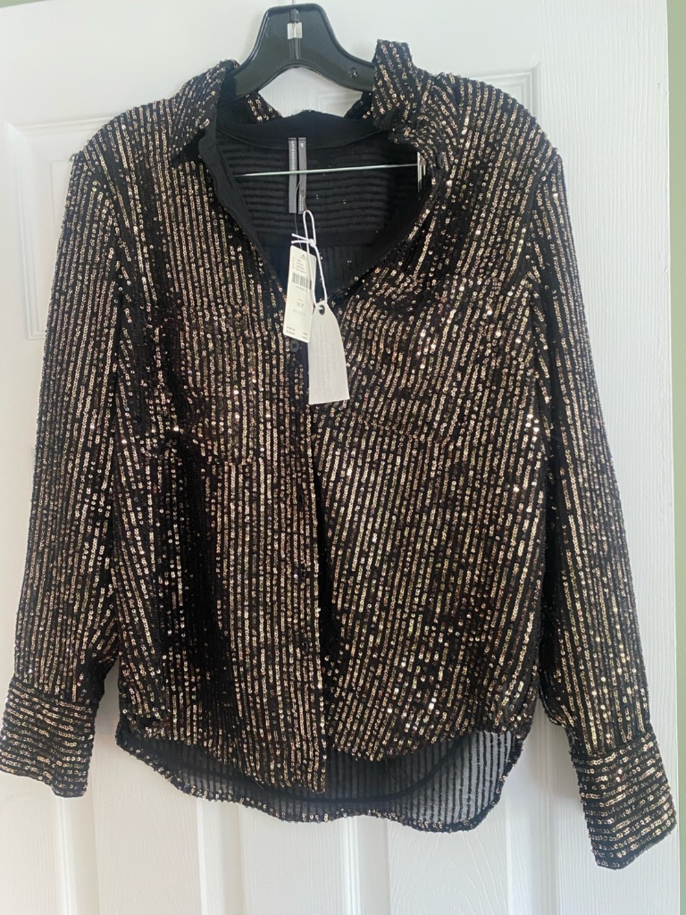 Anthropologie Black Sequin Striped Button-Up shirt